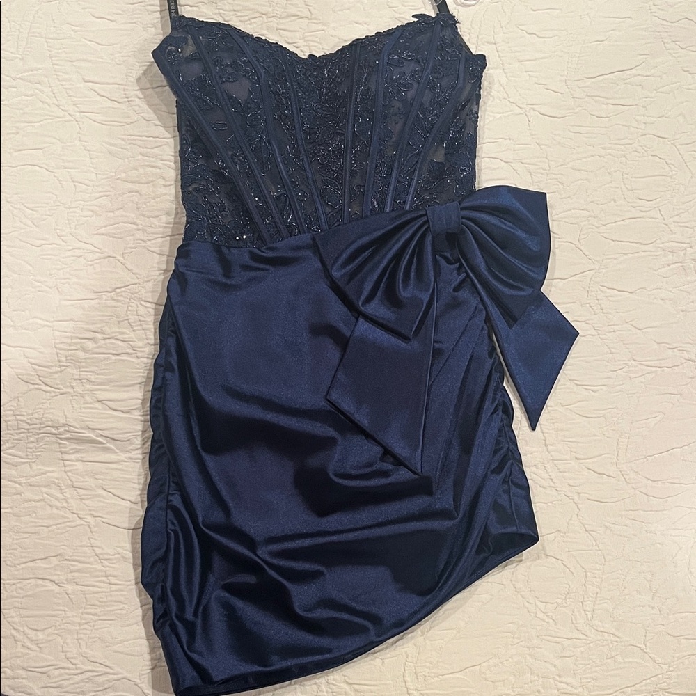 Sherri Hill Navy Blue Mini Dress with Bow